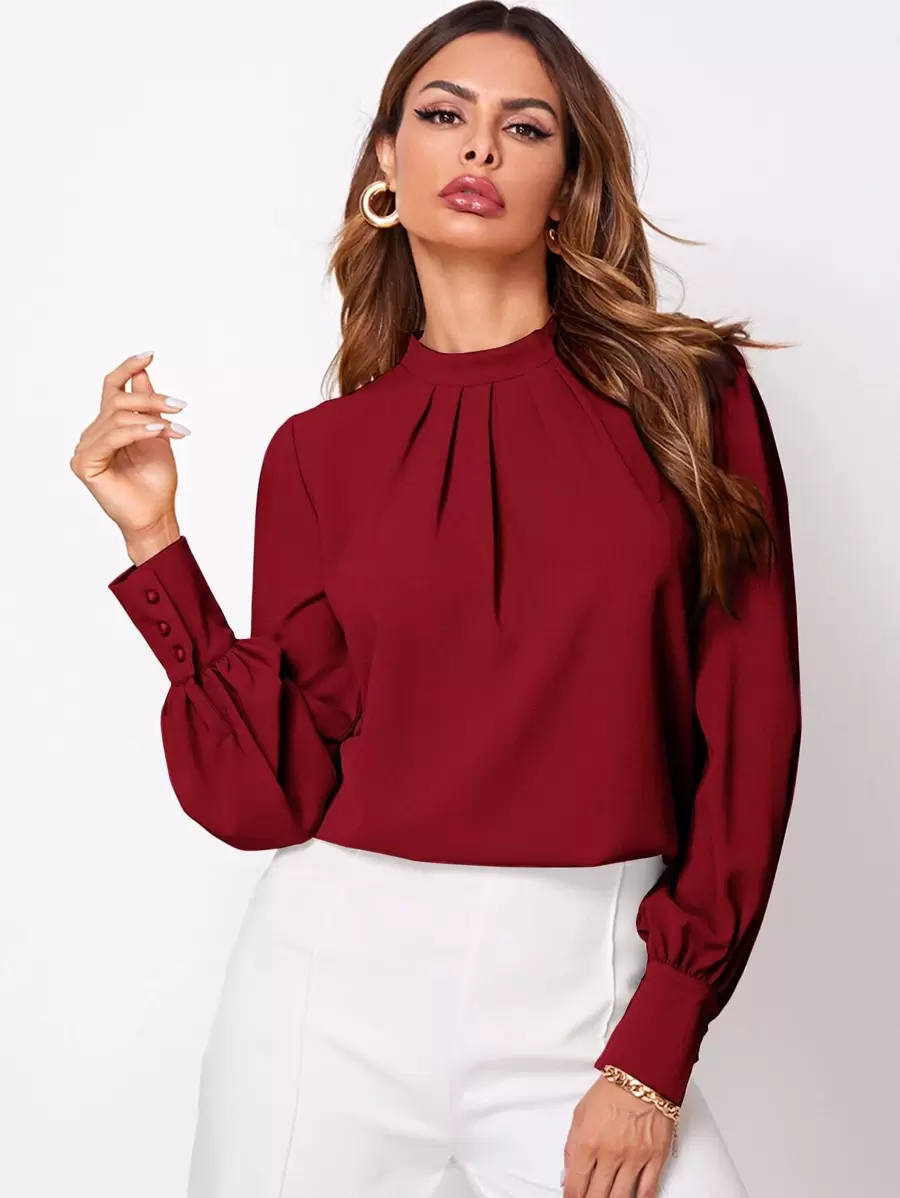 Chiquease Solid Ruched Keyhole Back Blouse Fall Cloth For Women - Burgundy - View 1