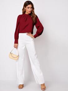 Chiquease Solid Ruched Keyhole Back Blouse Fall Cloth For Women - Burgundy - View 5