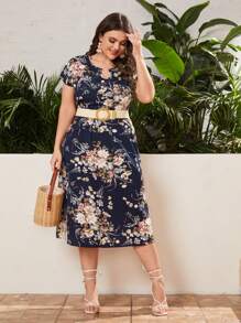 SHEIN Clasi Plus Floral Print Notched Neck Dress Without Belt - Multicolor - View 3