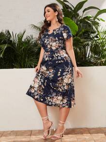 SHEIN Clasi Plus Floral Print Notched Neck Dress Without Belt - Multicolor - View 4