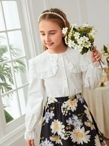 SHEIN 女孩蕾絲邊荷葉袖誇大領口襯衫 - 白色 - 查看 1