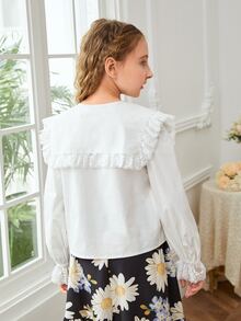 SHEIN 女孩蕾絲邊荷葉袖誇大領口襯衫 - 白色 - 查看 2