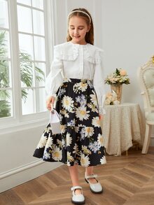 SHEIN 女孩蕾絲邊荷葉袖誇大領口襯衫 - 白色 - 查看 3