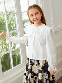 SHEIN 女孩蕾絲邊荷葉袖誇大領口襯衫 - 白色 - 查看 4