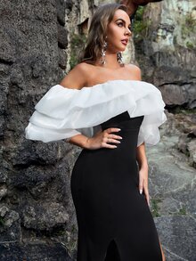 YISIKADO Off Shoulder Gathered Sleeve Two Tone Dress - Black - View 3