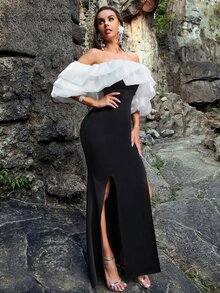 YISIKADO Off Shoulder Gathered Sleeve Two Tone Dress - Black - View 7