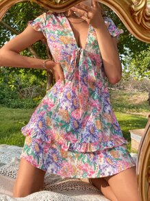 隨機滿版印花深V領前打結腰部打褶連衣裙 - 彩色 - 查看 1