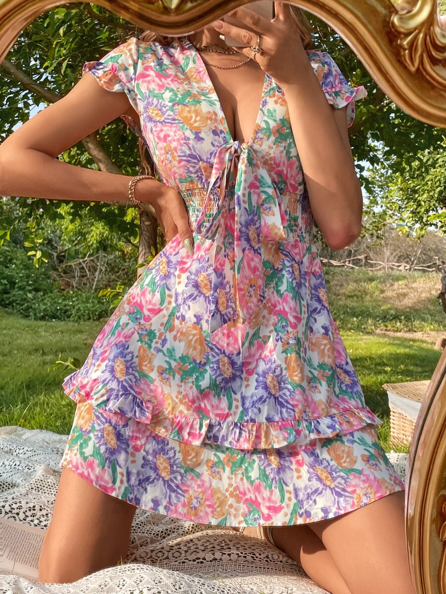 隨機滿版印花深V領前打結腰部打褶連衣裙 - 彩色 - 查看 1
