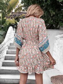 印花腰部抽繩荷葉邊洋裝 - 彩色 - 查看 2