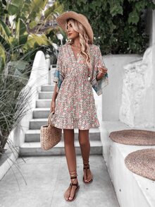 印花腰部抽繩荷葉邊洋裝 - 彩色 - 查看 3