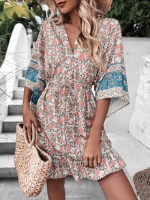 印花腰部抽繩荷葉邊洋裝 - 彩色 - 查看 4