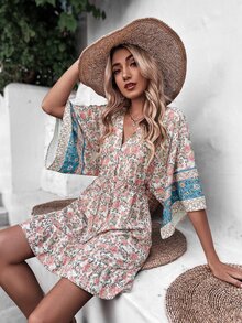 印花腰部抽繩荷葉邊洋裝 - 彩色 - 查看 6