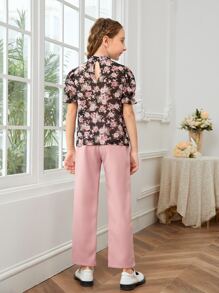 SHEIN Girls Mock Neck Floral Top and Pants Set - Multicolor - View 2