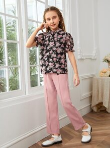 SHEIN Girls Mock Neck Floral Top and Pants Set - Multicolor - View 3