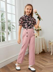 SHEIN Girls Mock Neck Floral Top and Pants Set - Multicolor - View 4
