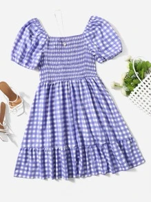 SHEIN Holidaya Vestido de guingán con fruncido de manga farol bajo con fruncido - Lila Púrpura - Ver 1