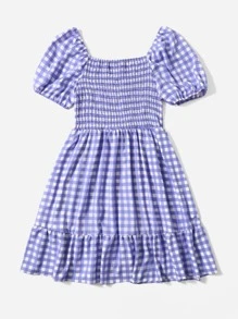 SHEIN Holidaya Vestido de guingán con fruncido de manga farol bajo con fruncido - Lila Púrpura - Ver 2