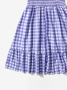 SHEIN Holidaya Vestido de guingán con fruncido de manga farol bajo con fruncido - Lila Púrpura - Ver 3