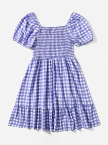 SHEIN Holidaya Vestido de guingán con fruncido de manga farol bajo con fruncido - Lila Púrpura - Ver 4