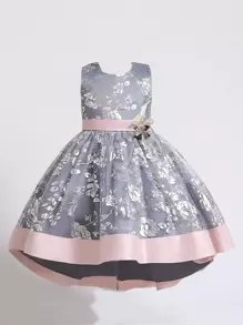 小女童立體花卉花卉圖案嵌入網紗後綁帶晚禮服 - 霧霾藍 - 查看 1