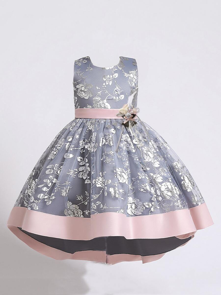 小女童立體花卉花卉圖案嵌入網紗後綁帶晚禮服 - 霧霾藍 - 查看 1