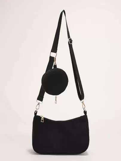 2pcs Girls' Simple Corduroy Zipper Closure Shoulder Bag And Armpit Bag, Suitable For Daily Use In Fall And Winter