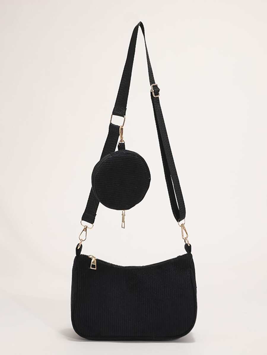 2pcs Girls' Simple Corduroy Zipper Closure Shoulder Bag And Armpit Bag, Suitable For Daily Use In Fall And Winter