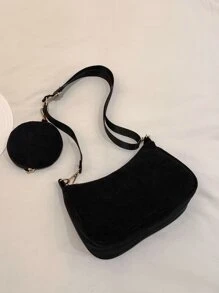 2pcs Girls' Simple Corduroy Zipper Closure Shoulder Bag And Armpit Bag, Suitable For Daily Use In Fall And Winter