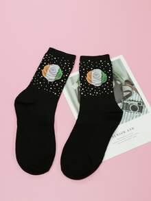 Rhinestone Decor Flower Pattern Crew Socks - Black - View 1