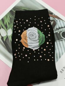 Rhinestone Decor Flower Pattern Crew Socks - Black - View 2