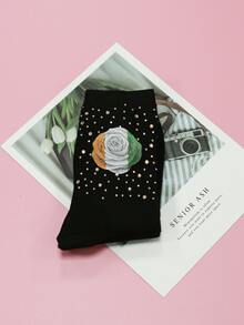 Rhinestone Decor Flower Pattern Crew Socks - Black - View 3