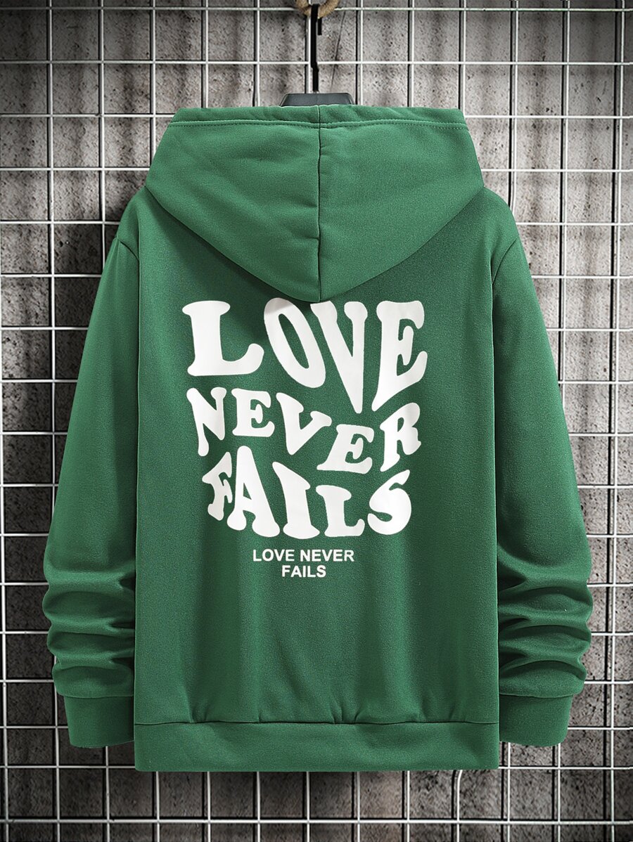 Manfinity Men Slogan Graphic Drawstring Thermal Hoodie - Dark Green - View 1