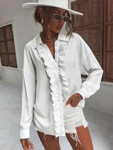 荷葉邊落肩袖襯衫 - 白色 - 查看 3