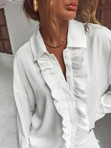 荷葉邊落肩袖襯衫 - 白色 - 查看 4