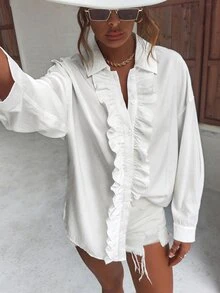 荷葉邊落肩袖襯衫 - 白色 - 查看 5