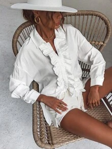 荷葉邊落肩袖襯衫 - 白色 - 查看 6