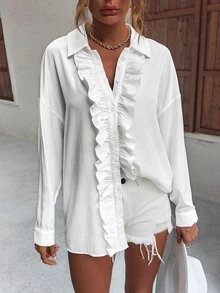 荷葉邊落肩袖襯衫 - 白色 - 查看 7