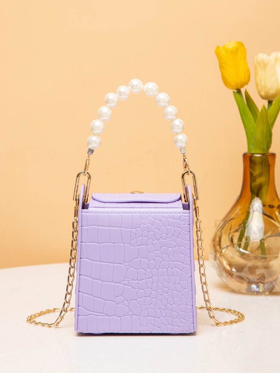 Túi đeo chéo Nữ Ngọc trai Cá sấu Chuỗi Tay cầm Top Đúng mốt - Màu tím - Xem 1
