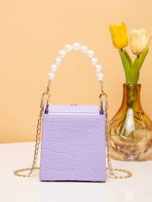 Túi đeo chéo Nữ Ngọc trai Cá sấu Chuỗi Tay cầm Top Đúng mốt - Màu tím - Xem 4