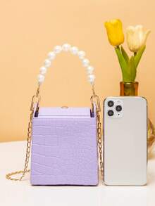 Túi đeo chéo Nữ Ngọc trai Cá sấu Chuỗi Tay cầm Top Đúng mốt - Màu tím - Xem 6