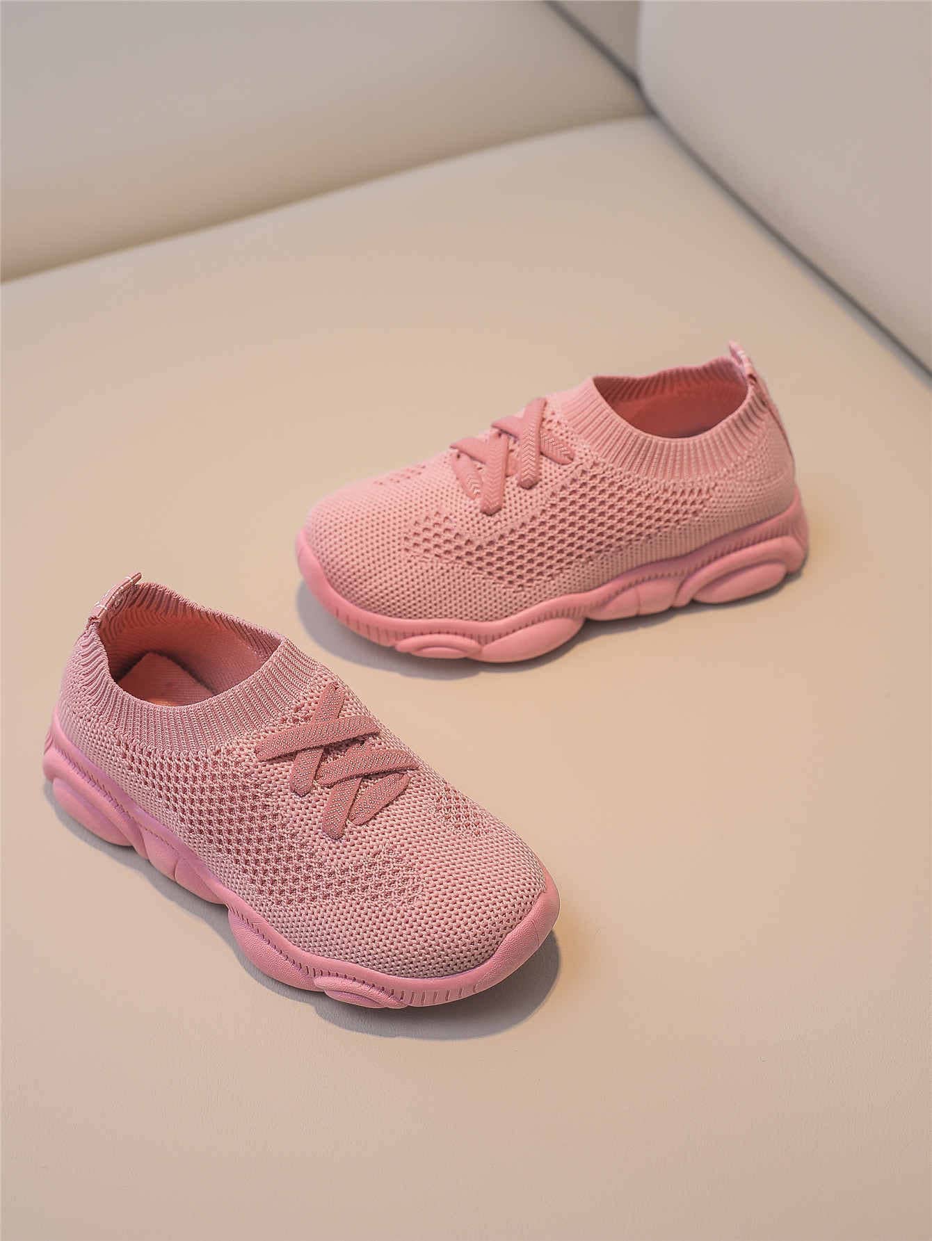 女孩條紋針織繫帶裝飾一腳蹬運動鞋 - 粉色 - 查看 1