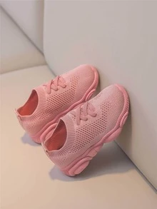 女孩條紋針織繫帶裝飾一腳蹬運動鞋 - 粉色 - 查看 2