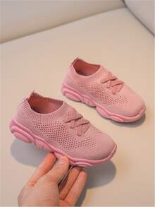 女孩條紋針織繫帶裝飾一腳蹬運動鞋 - 粉色 - 查看 3