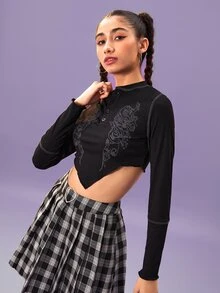 ROMWE 車縫邊圖案半排扣羅紋短款T恤 - 黑色 - 查看 3