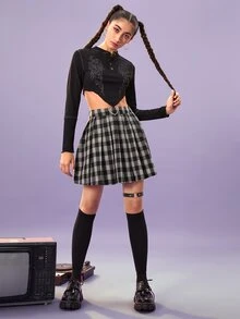 ROMWE 車縫邊圖案半排扣羅紋短款T恤 - 黑色 - 查看 4