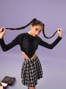 ROMWE 車縫邊圖案半排扣羅紋短款T恤 - 黑色 - 查看 5