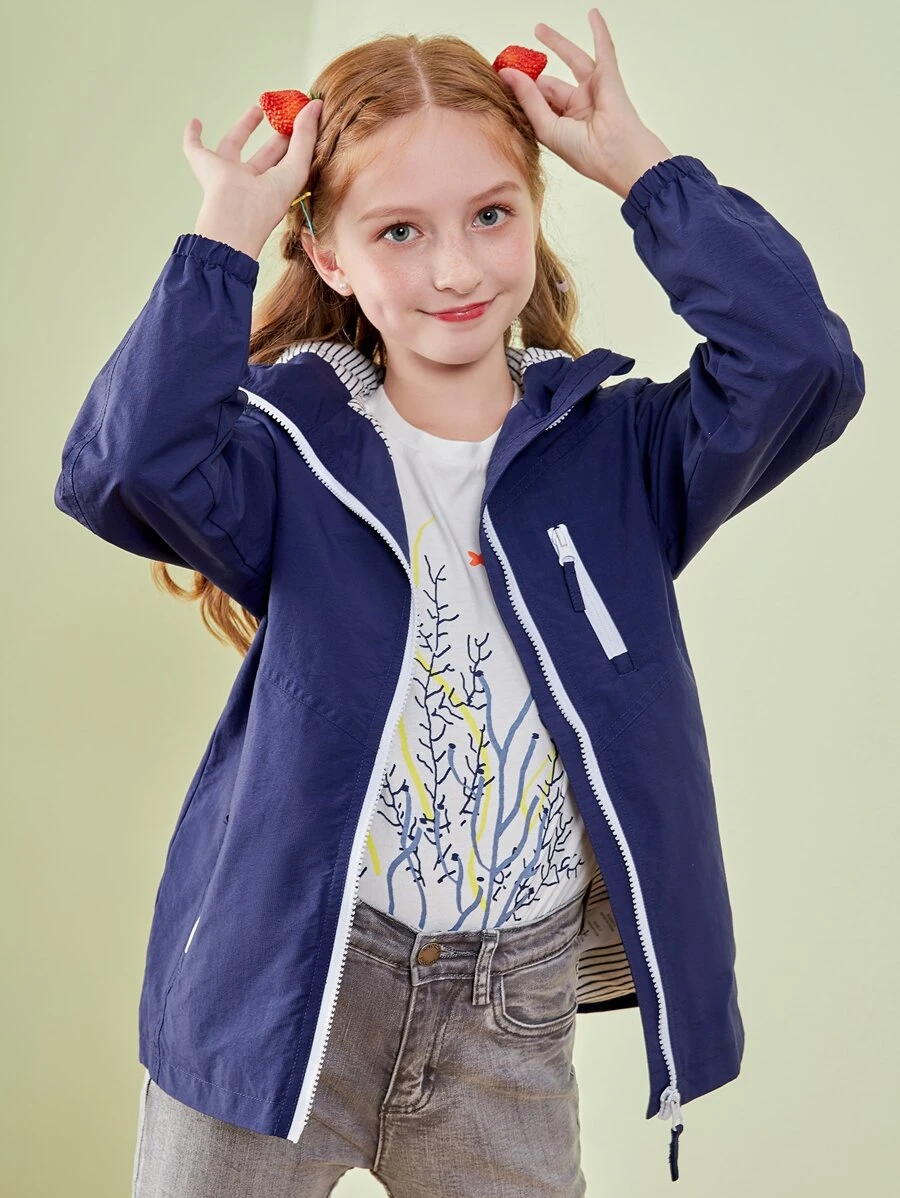 SOLOCOTE Girls Solid Zipper Front Hooded Coat - Navy Blue - View 1