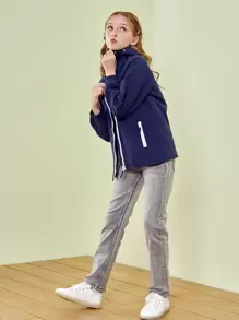 SOLOCOTE Girls Solid Zipper Front Hooded Coat - Navy Blue - View 5