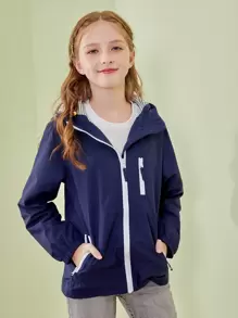 SOLOCOTE Girls Solid Zipper Front Hooded Coat - Navy Blue - View 3