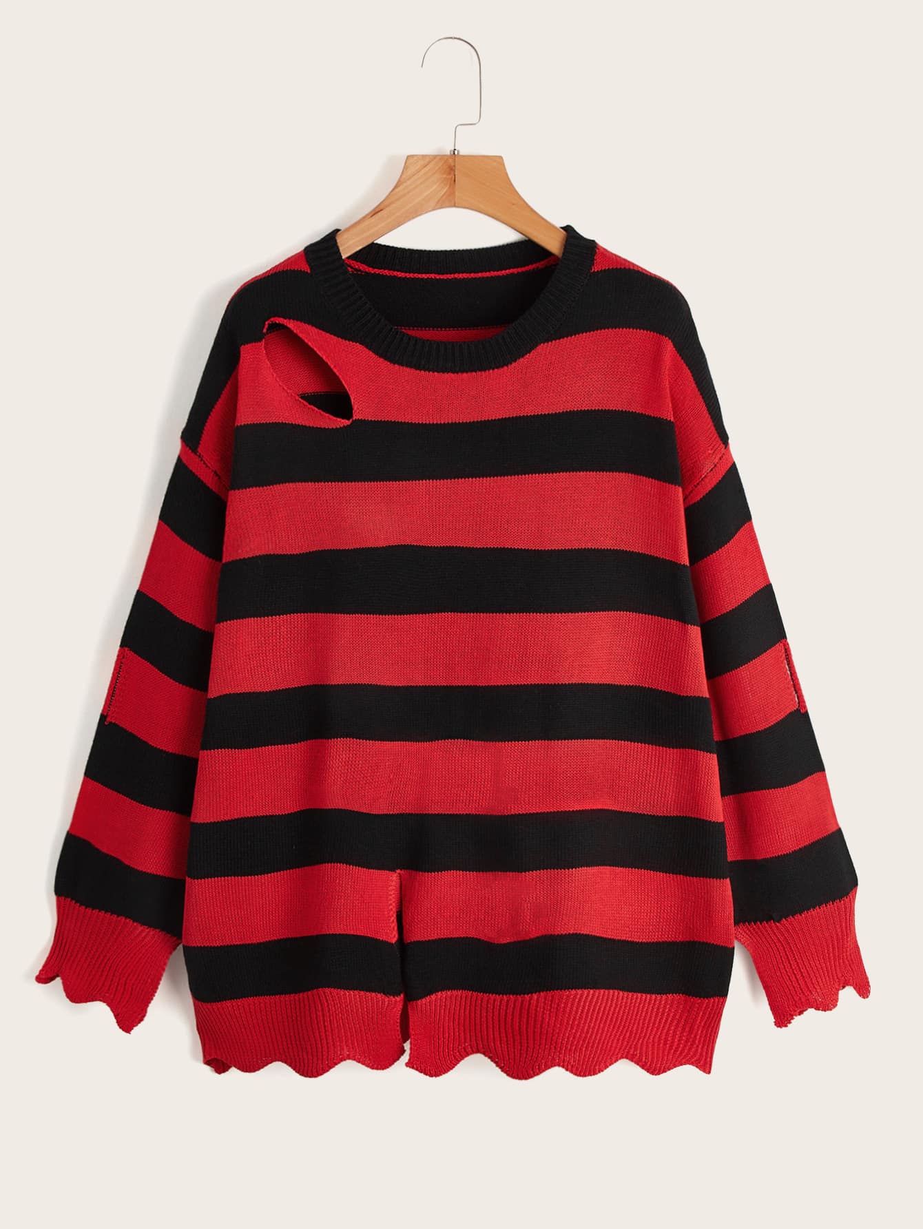 ROMWE Striped Cut Out Scallop Trim Sweater - Multicolor - View 1